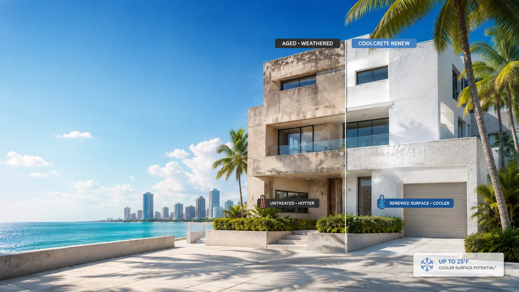 South Florida coastal property split-view: aged untreated stucco on the left, renewed CoolCrete RENEW surface on the right, showing thermal cooling potential
