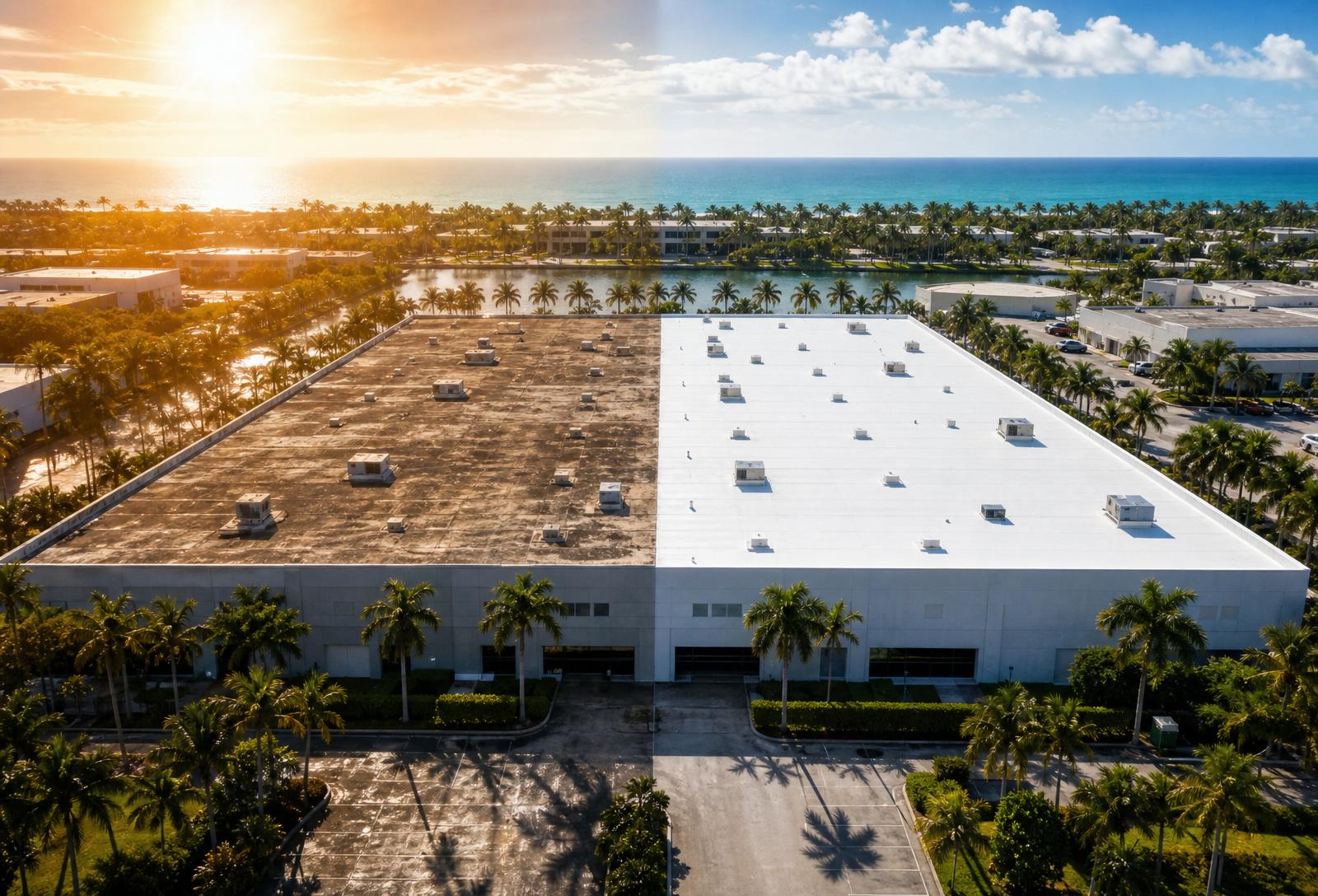 Aerial split view of a Class A South Florida warehouse: untreated hot roof on the left, CoolCrete CoolShield cool white roof on the right, with palm trees and ocean in the background